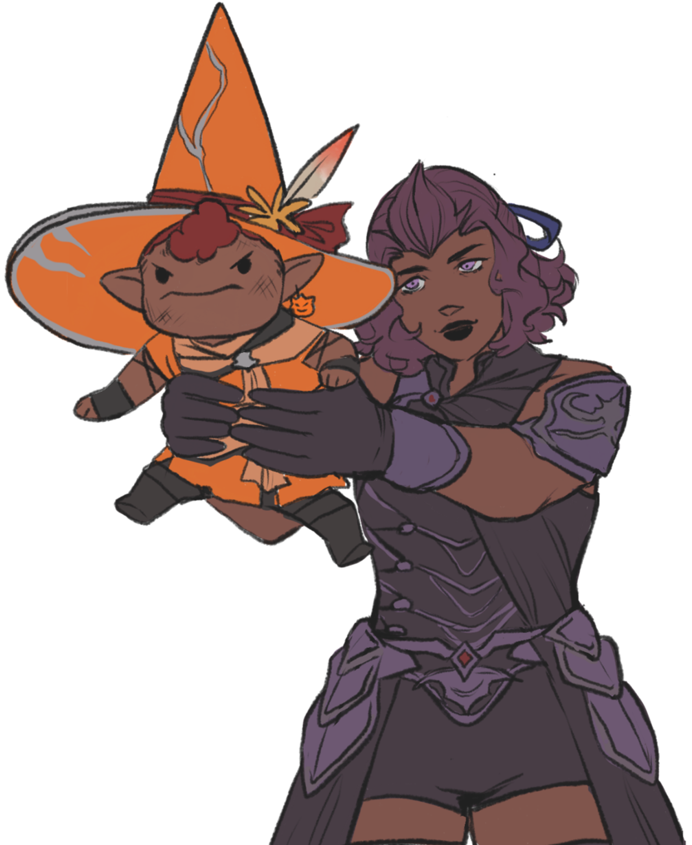 Wisteria is holding up a gremlin/goblin version of Burn like an angry cat. Burn has a very grumpy expression