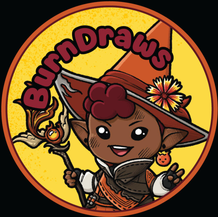 BurnDraws Circle Logo Brianna's little fire mage, Burn, holding her staff and throwing up a peace sign. Her color scheme is orange and yellow