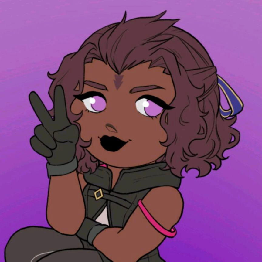 Joanne's FFXIV character, Wisteria, smiling and throwing up a peace sign. Her color scheme is purple and black